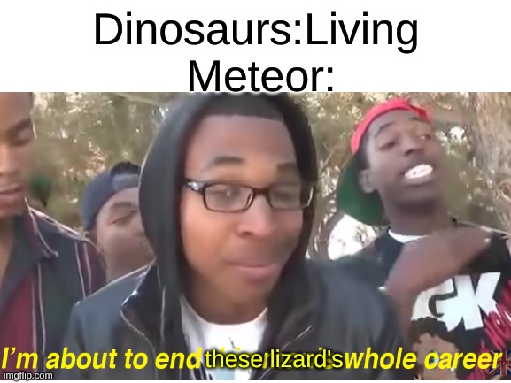 R.I.P Dinosaurs | Meteor:; Dinosaurs:Living; these lizard's | image tagged in dinosaurs,meteor,im about to end this mans whole career | made w/ Imgflip meme maker