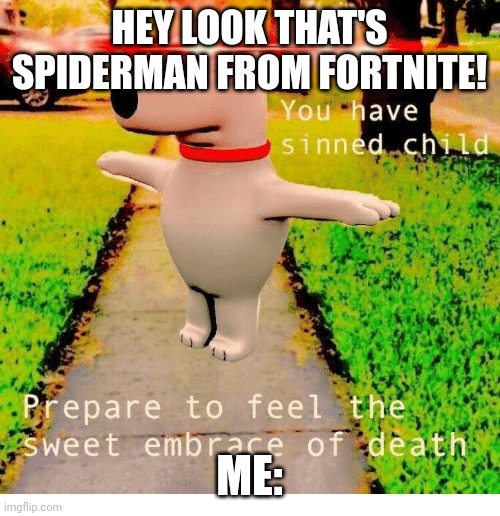 Tjuiceficfjfig | HEY LOOK THAT'S SPIDERMAN FROM FORTNITE! ME: | image tagged in you have sinned child prepare to feel the sweet embrace of death | made w/ Imgflip meme maker