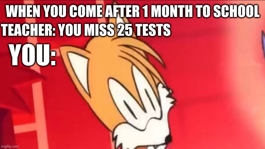 Tails wait what | TEACHER: YOU MISS 25 TESTS; WHEN YOU COME AFTER 1 MONTH TO SCHOOL; YOU: | image tagged in tails wait what | made w/ Imgflip meme maker