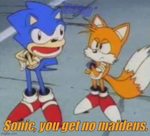 true | *gasp*; Sonic, you get no maidens. | image tagged in tails and sonic | made w/ Imgflip meme maker