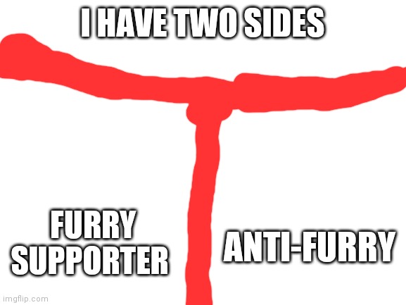 I have two sides | I HAVE TWO SIDES; FURRY SUPPORTER; ANTI-FURRY | image tagged in blank white template | made w/ Imgflip meme maker