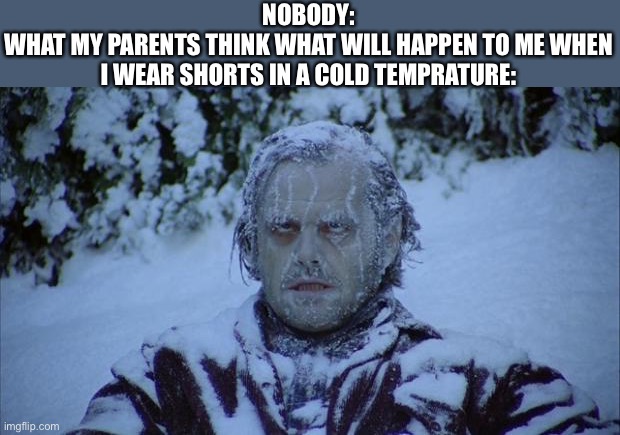 It’s cold outside! | NOBODY:
WHAT MY PARENTS THINK WHAT WILL HAPPEN TO ME WHEN I WEAR SHORTS IN A COLD TEMPRATURE: | image tagged in cold,memes,freezing cold,funny,parents,relatable | made w/ Imgflip meme maker