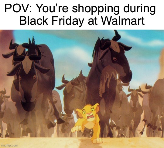 Black Friday in a Nutshell | POV: You’re shopping during 
Black Friday at Walmart | image tagged in lion king stampede,funny,black friday | made w/ Imgflip meme maker