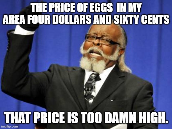 Eggs are too damn Expensive. |  THE PRICE OF EGGS  IN MY AREA FOUR DOLLARS AND SIXTY CENTS; THAT PRICE IS TOO DAMN HIGH. | image tagged in memes,too damn high,eggs,inflation,joe biden,democrats | made w/ Imgflip meme maker