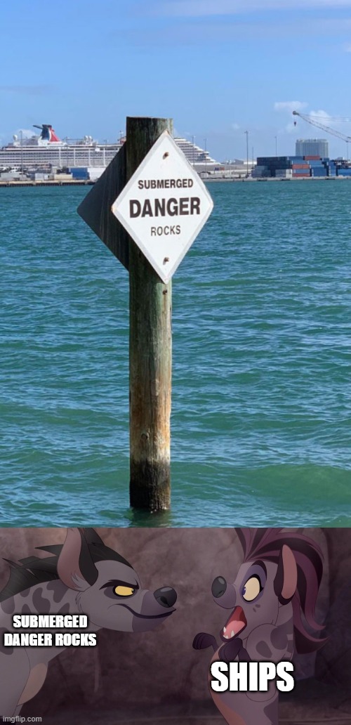 Submerged danger rocks | SUBMERGED DANGER ROCKS; SHIPS | image tagged in janja scaring jasiri,rocks,sign,water | made w/ Imgflip meme maker
