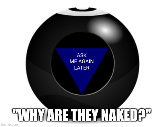 magic 8 ball | ASK ME AGAIN LATER "WHY ARE THEY NAKED?" | image tagged in magic 8 ball | made w/ Imgflip meme maker