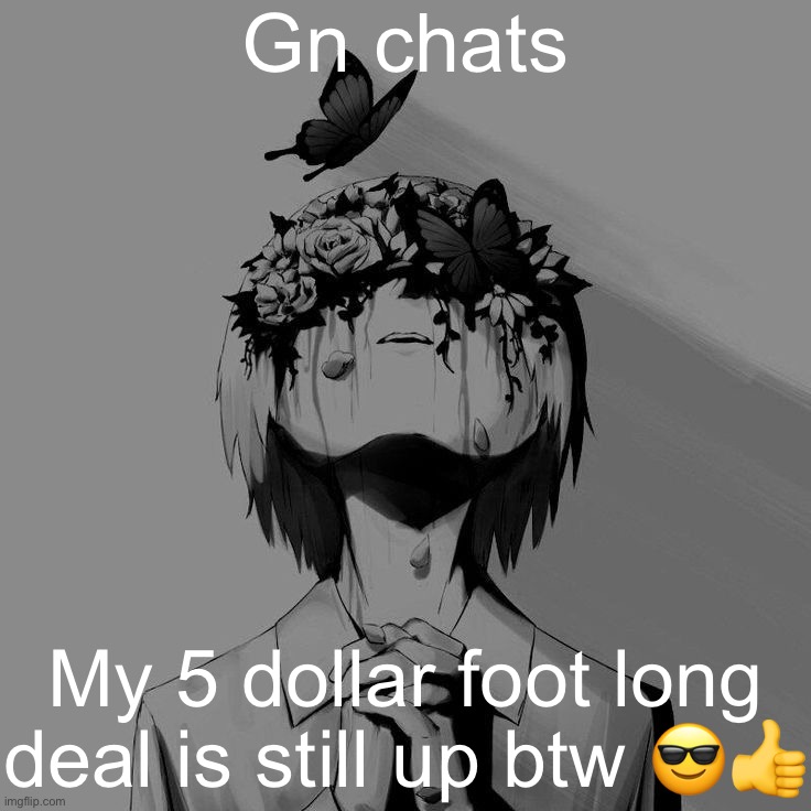 Avogado6 depression | Gn chats; My 5 dollar foot long deal is still up btw 😎👍 | image tagged in avogado6 depression | made w/ Imgflip meme maker