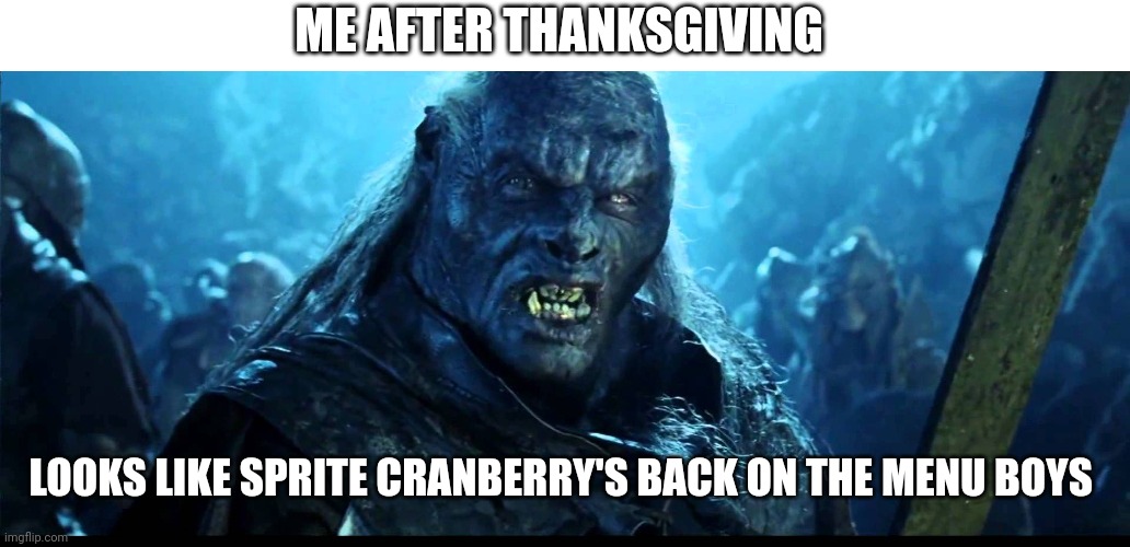 Looks like meat's back on the menu, boys! | ME AFTER THANKSGIVING; LOOKS LIKE SPRITE CRANBERRY'S BACK ON THE MENU BOYS | image tagged in looks like meat's back on the menu boys,christmas memes | made w/ Imgflip meme maker
