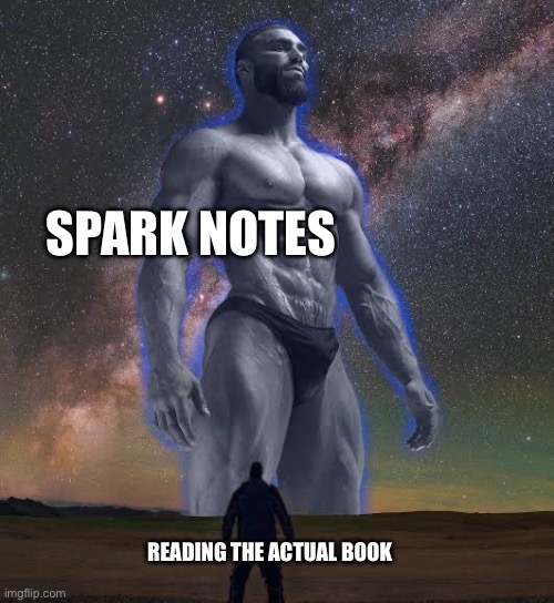 Who else uses this? | SPARK NOTES; READING THE ACTUAL BOOK | image tagged in big gigachad vs small guy,memes,funny | made w/ Imgflip meme maker