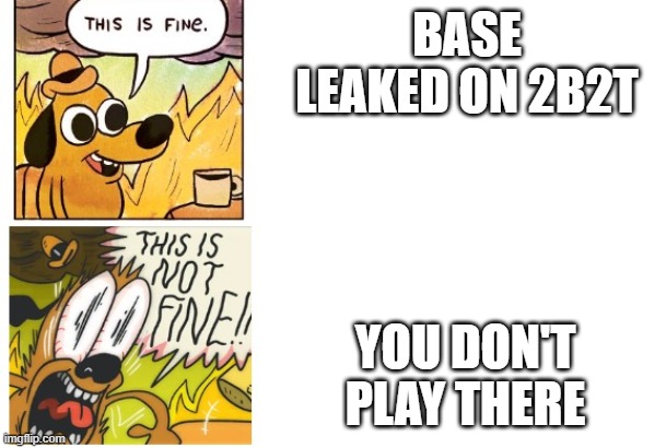 This is Fine, This is Not Fine | BASE LEAKED ON 2B2T YOU DON'T PLAY THERE | image tagged in this is fine this is not fine | made w/ Imgflip meme maker