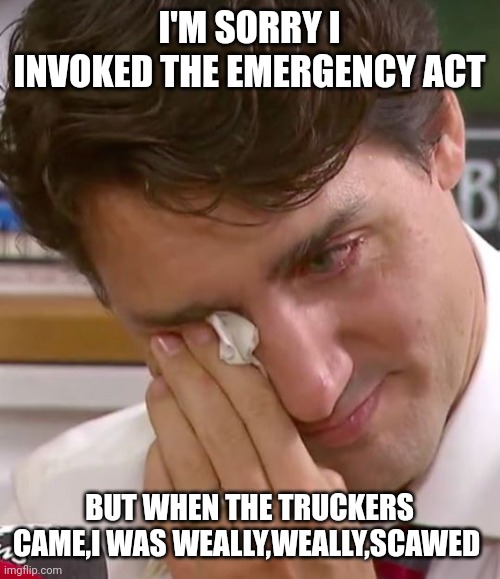 Justin Trudeau Crying | I'M SORRY I INVOKED THE EMERGENCY ACT; BUT WHEN THE TRUCKERS CAME,I WAS WEALLY,WEALLY,SCAWED | image tagged in justin trudeau crying | made w/ Imgflip meme maker