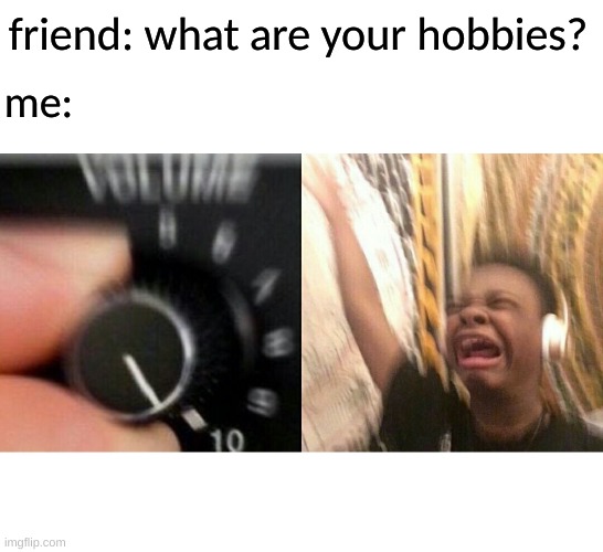 loud music | me:; friend: what are your hobbies? | image tagged in loud music | made w/ Imgflip meme maker