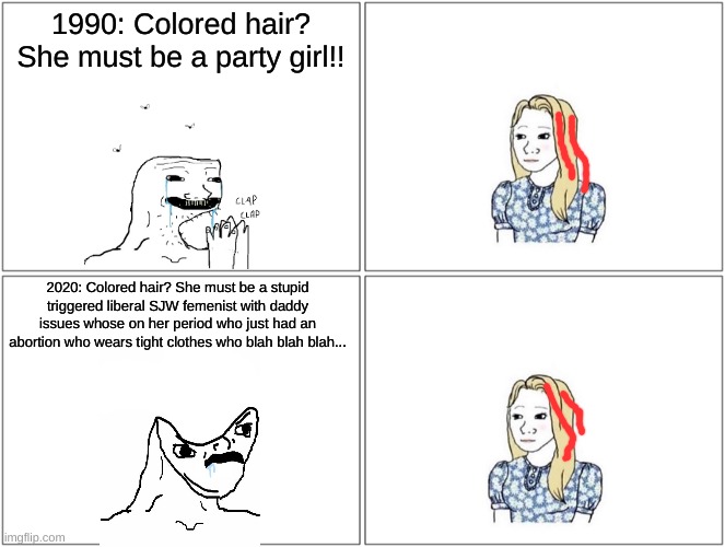 This "SJW" meme has gotten out of hand. | 1990: Colored hair? She must be a party girl!! 2020: Colored hair? She must be a stupid triggered liberal SJW femenist with daddy issues whose on her period who just had an abortion who wears tight clothes who blah blah blah... | image tagged in memes,blank comic panel 2x2,sjw,femenist,why are you reading this | made w/ Imgflip meme maker
