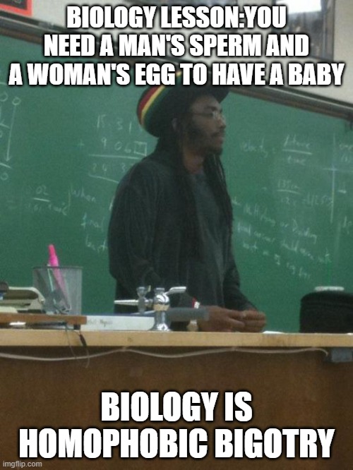 Rasta Science Teacher | BIOLOGY LESSON:YOU NEED A MAN'S SPERM AND A WOMAN'S EGG TO HAVE A BABY; BIOLOGY IS HOMOPHOBIC BIGOTRY | image tagged in memes,rasta science teacher | made w/ Imgflip meme maker