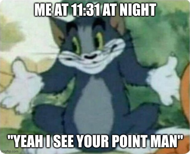 Tom Shrugging | ME AT 11:31 AT NIGHT "YEAH I SEE YOUR POINT MAN" | image tagged in tom shrugging | made w/ Imgflip meme maker