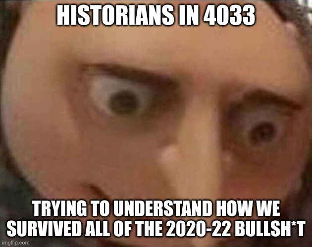 uiphoyj | HISTORIANS IN 4033; TRYING TO UNDERSTAND HOW WE SURVIVED ALL OF THE 2020-22 BULLSH*T | image tagged in gru oh shit | made w/ Imgflip meme maker