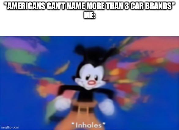 Yakko inhale | "AMERICANS CAN'T NAME MORE THAN 3 CAR BRANDS"
ME: | image tagged in yakko inhale | made w/ Imgflip meme maker