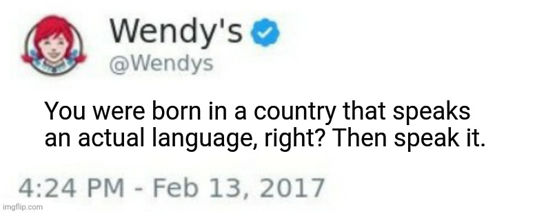 Wendy's Twitter | You were born in a country that speaks an actual language, right? Then speak it. | image tagged in wendy's twitter | made w/ Imgflip meme maker