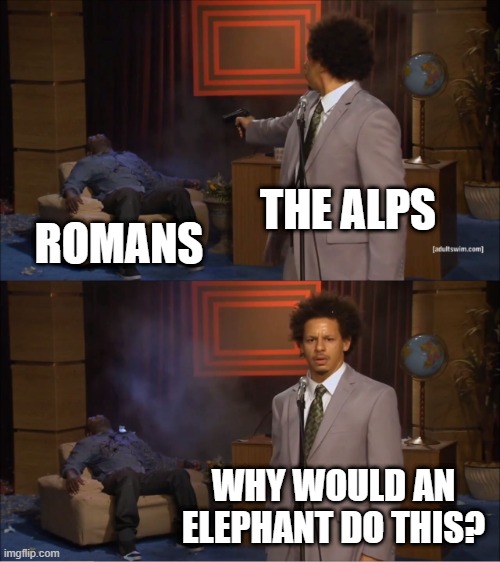 Romans elephants trying to the Alps | THE ALPS; ROMANS; WHY WOULD AN ELEPHANT DO THIS? | image tagged in memes,who killed hannibal | made w/ Imgflip meme maker