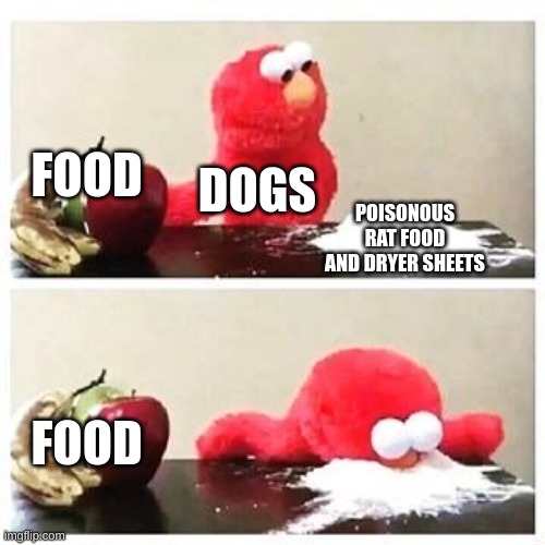 elmo cocaine | FOOD; DOGS; POISONOUS RAT FOOD AND DRYER SHEETS; FOOD | image tagged in elmo cocaine | made w/ Imgflip meme maker