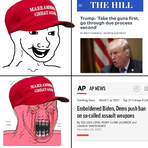 Trump SupporterOn Weapons Ban | image tagged in happy vs angry wojak,gun control,shooting,gay,lgbtq,gun laws | made w/ Imgflip meme maker