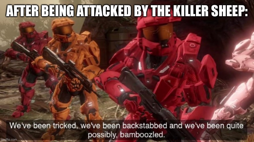 We've been tricked | AFTER BEING ATTACKED BY THE KILLER SHEEP: | image tagged in we've been tricked | made w/ Imgflip meme maker