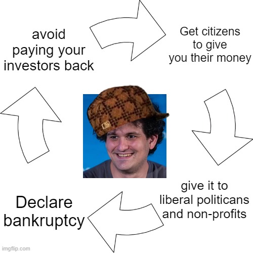 Vicious cycle | avoid paying your investors back; Get citizens to give you their money; give it to liberal politicans and non-profits; Declare bankruptcy | image tagged in vicious cycle | made w/ Imgflip meme maker