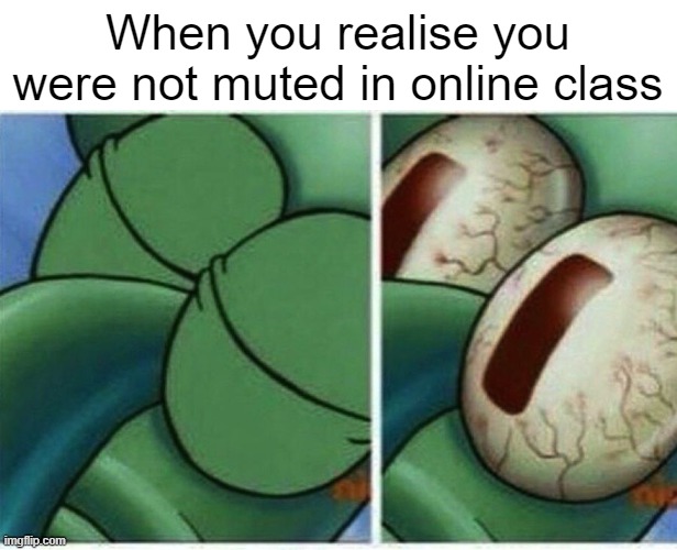 Happened to me once, got depressed. |  When you realise you were not muted in online class | image tagged in squidward,memes | made w/ Imgflip meme maker