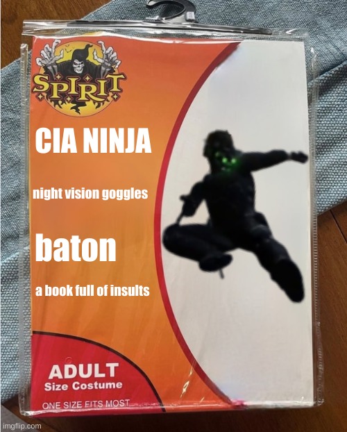 yooo this spirit Halloween costume is looking good | CIA NINJA; night vision goggles; baton; a book full of insults | image tagged in spirit halloween costume | made w/ Imgflip meme maker