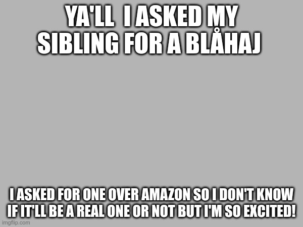 YA'LL  I ASKED MY SIBLING FOR A BLÅHAJ; I ASKED FOR ONE OVER AMAZON SO I DON'T KNOW IF IT'LL BE A REAL ONE OR NOT BUT I'M SO EXCITED! | made w/ Imgflip meme maker
