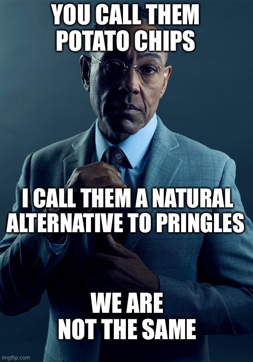 Pringles | YOU CALL THEM POTATO CHIPS; I CALL THEM A NATURAL ALTERNATIVE TO PRINGLES; WE ARE NOT THE SAME | image tagged in gus fring we are not the same,pringles | made w/ Imgflip meme maker