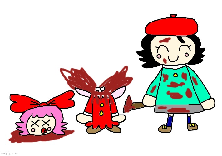 Adeleine is still murdering Ribbon (HAHAHAHAHA) | image tagged in kirby,gore,blood,adeleine,ribbon,knife | made w/ Imgflip meme maker