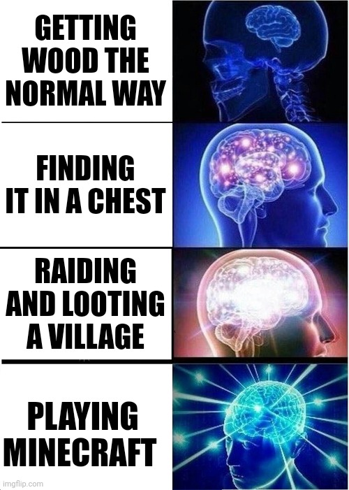 Wait... what | GETTING WOOD THE NORMAL WAY; FINDING IT IN A CHEST; RAIDING AND LOOTING A VILLAGE; PLAYING MINECRAFT | image tagged in memes,expanding brain,minecraft,obama,infinity cringe,deez nuts | made w/ Imgflip meme maker