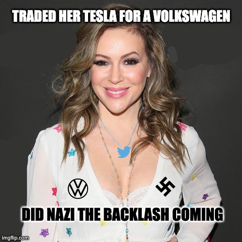 I'm A Twit | TRADED HER TESLA FOR A VOLKSWAGEN; DID NAZI THE BACKLASH COMING | image tagged in alyssa milano,twiiter,musk | made w/ Imgflip meme maker