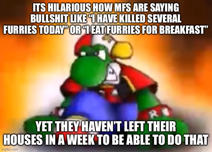 its even more funny how they roleplay trying to kill me like “punches you” like cmon thats just cringe | ITS HILARIOUS HOW MFS ARE SAYING BULLSHIT LIKE “I HAVE KILLED SEVERAL FURRIES TODAY” OR “I EAT FURRIES FOR BREAKFAST”; YET THEY HAVEN’T LEFT THEIR HOUSES IN A WEEK TO BE ABLE TO DO THAT | image tagged in gangster yoshi | made w/ Imgflip meme maker