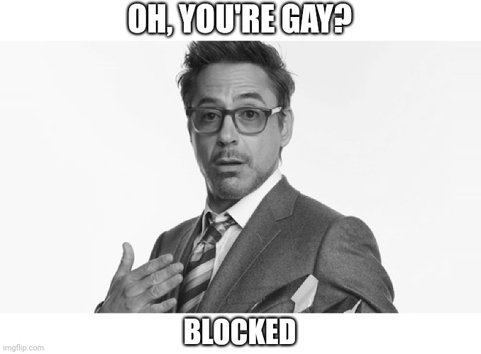 Robert Downey Jr's Comments | OH, YOU'RE GAY? BLOCKED | image tagged in robert downey jr's comments,joke | made w/ Imgflip meme maker