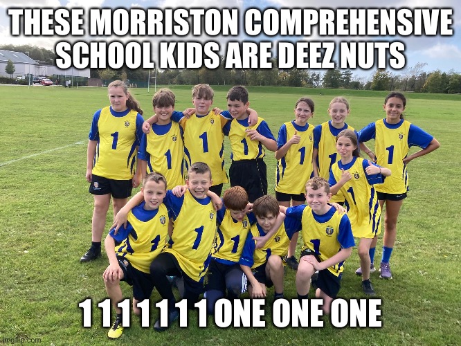 morriston comprehensive school memes | THESE MORRISTON COMPREHENSIVE SCHOOL KIDS ARE DEEZ NUTS; 1 1 1 1 1 1 1 ONE ONE ONE | image tagged in morriston comprehensive school memes,funny,laugh | made w/ Imgflip meme maker