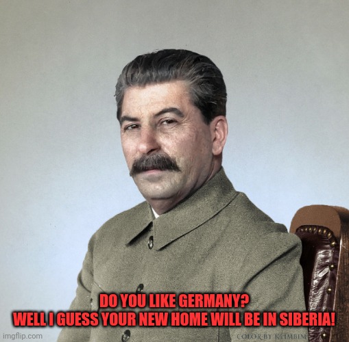 Do you like Germany? | DO YOU LIKE GERMANY?
WELL I GUESS YOUR NEW HOME WILL BE IN SIBERIA! | image tagged in joseph stalin,soviet union,russia,gulag,stalin,germany | made w/ Imgflip meme maker