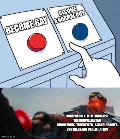 Agree? | BECOME A NORMAL GUY; BECOME GAY; XCATPATROLX, MEMEHAHA123, THEMRDWELLERFAN, ANONYMOUS (MIDWELLER_SUCKSISBACK'S BROTHER) AND OTHER HATERS | image tagged in robotnik button,gay,normal,lgbtq | made w/ Imgflip meme maker