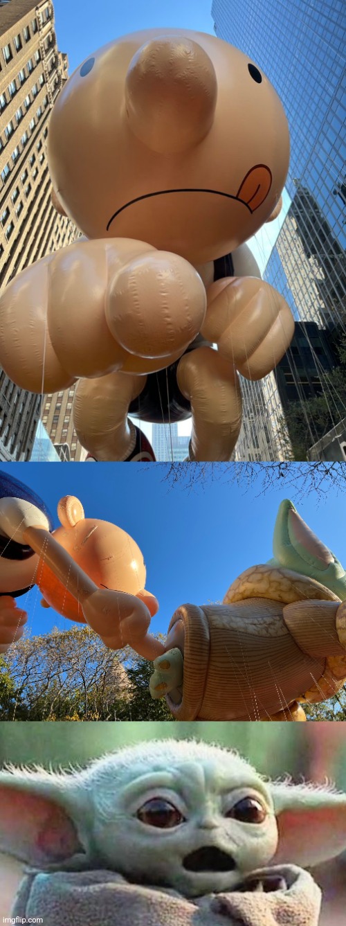 POOR GROGU | image tagged in thanksgiving parade,grogu,star wars,diary of a wimpy kid,baby yoda | made w/ Imgflip meme maker