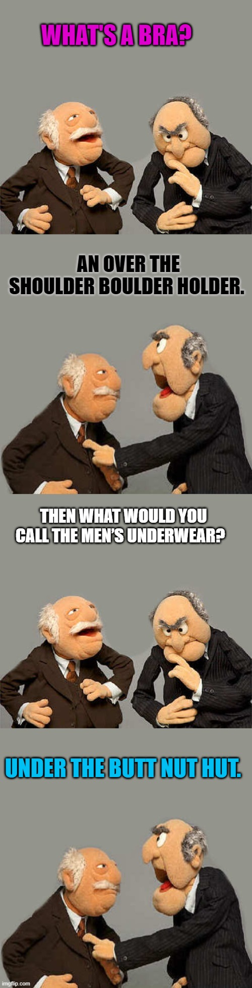 Whats another way to say bra? | WHAT'S A BRA? AN OVER THE SHOULDER BOULDER HOLDER. THEN WHAT WOULD YOU CALL THE MEN’S UNDERWEAR? UNDER THE BUTT NUT HUT. | image tagged in bra,nut hut | made w/ Imgflip meme maker