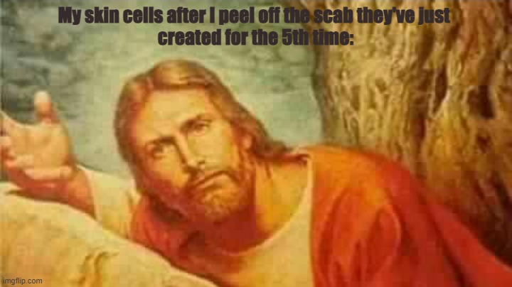 I just can't help myself.... | My skin cells after I peel off the scab they've just 
created for the 5th time: | image tagged in confused jesus | made w/ Imgflip meme maker