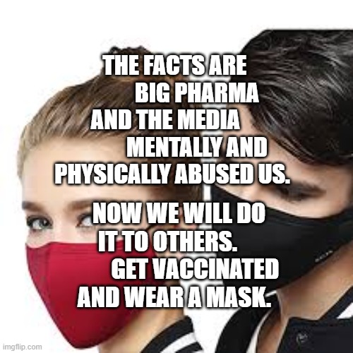 Mask Couple | THE FACTS ARE           BIG PHARMA AND THE MEDIA      
        MENTALLY AND PHYSICALLY ABUSED US. NOW WE WILL DO IT TO OTHERS.             GET VACCINATED AND WEAR A MASK. | image tagged in mask couple | made w/ Imgflip meme maker