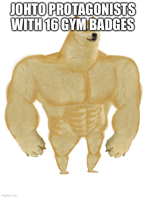 Swole Doge | JOHTO PROTAGONISTS WITH 16 GYM BADGES | image tagged in swole doge | made w/ Imgflip meme maker