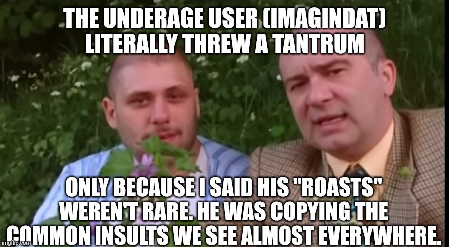 Green screen bois | THE UNDERAGE USER (IMAGINDAT) LITERALLY THREW A TANTRUM; ONLY BECAUSE I SAID HIS "ROASTS" WEREN'T RARE. HE WAS COPYING THE COMMON INSULTS WE SEE ALMOST EVERYWHERE. | image tagged in green screen bois | made w/ Imgflip meme maker