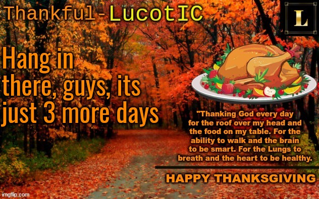 3 more days | Hang in there, guys, its just 3 more days | image tagged in lucotic thanksgiving announcement temp 11 | made w/ Imgflip meme maker