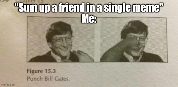 Punch Bill Gates | "Sum up a friend in a single meme"
Me: | image tagged in punch bill gates | made w/ Imgflip meme maker