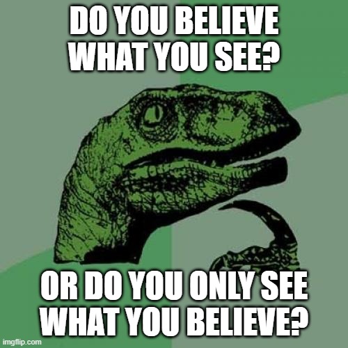 "What a fool believes, he sees." - Michael McDonald and Kenny Loggins | DO YOU BELIEVE WHAT YOU SEE? OR DO YOU ONLY SEE
WHAT YOU BELIEVE? | image tagged in memes,philosoraptor,can't unsee,fool,beliefs,when you see it | made w/ Imgflip meme maker