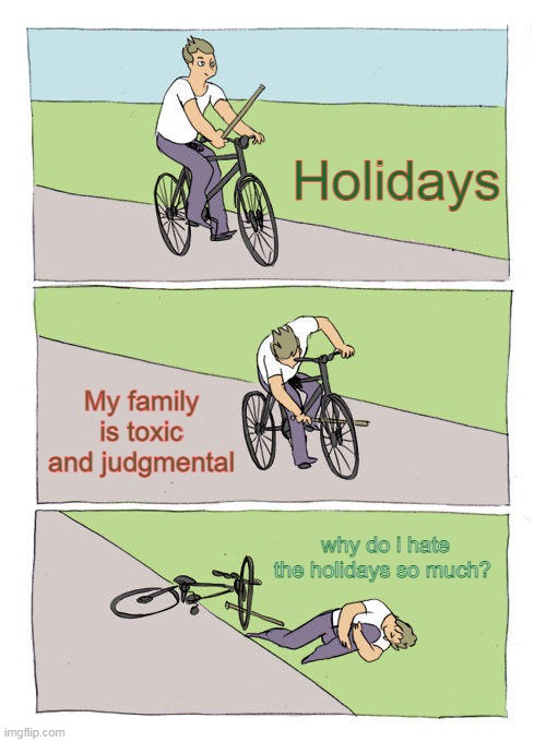why do i hate the holidays so much | Holidays; My family is toxic and judgmental; why do i hate the holidays so much? | image tagged in memes,bike fall,funny,holidays,thanksgiving,christmas | made w/ Imgflip meme maker