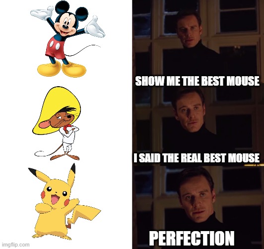 #mickeymouseisoverratedaf | SHOW ME THE BEST MOUSE; I SAID THE REAL BEST MOUSE; PERFECTION | image tagged in perfection,pikachu,mickey mouse,pokemon,disney,looney tunes | made w/ Imgflip meme maker